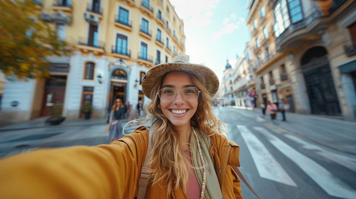 Young woman sightseeing taking selfie